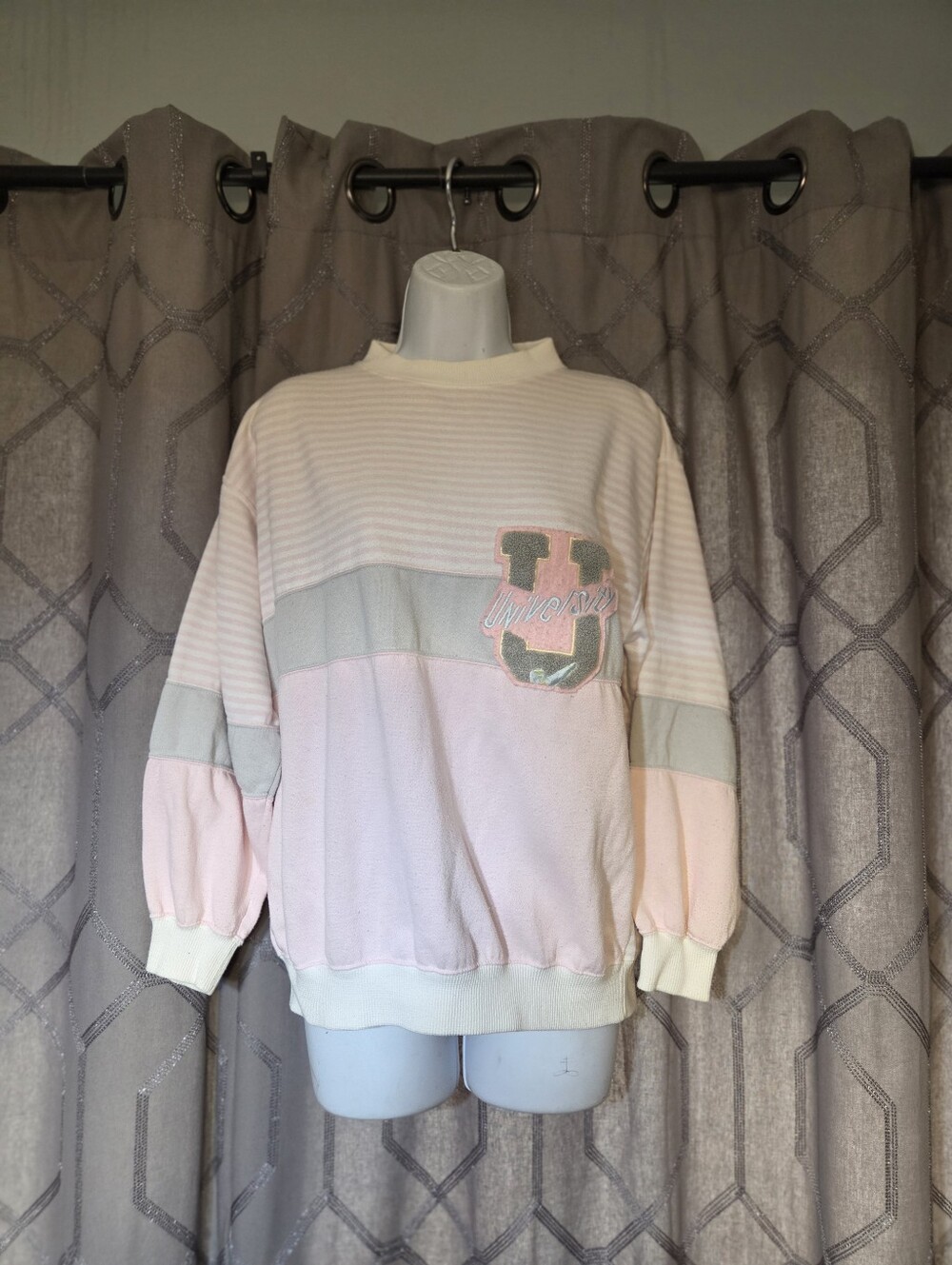 Vintage 90s Ricki & Company Pink Gray White Striped University Sweatshirt M